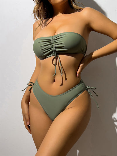 Drawstring Design Tube Bikini Summer Solid Color Sexy Swimsuit For Beach Party Womens Clothing