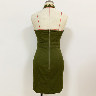 Women’s Green Backless Halter Dress with Lion Buttons and Chain