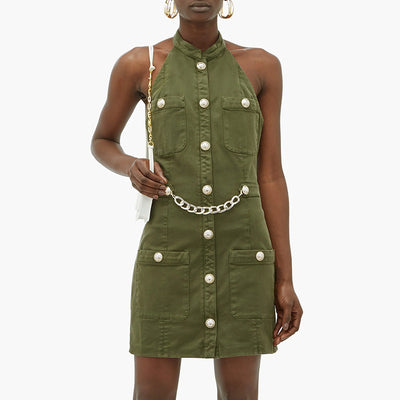 Women’s Green Backless Halter Dress with Lion Buttons and Chain