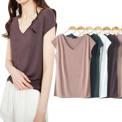 Solid Color And V-neck Sleeveless Loose Women's T-shirt Casual Bottoming Shirt Inner Wear Blouse