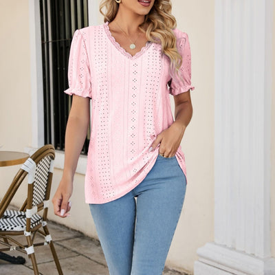 Summer V-Neck Lace Stitching Short-Sleeved Shirt