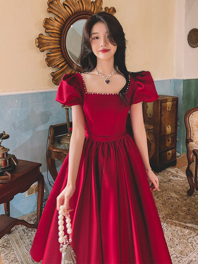 Winter Wine Red French Princess Satin Dress - Engagement and Daily Wear