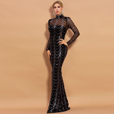 Sequins Women Maxi Dresses - Long Sleeve Party Dress