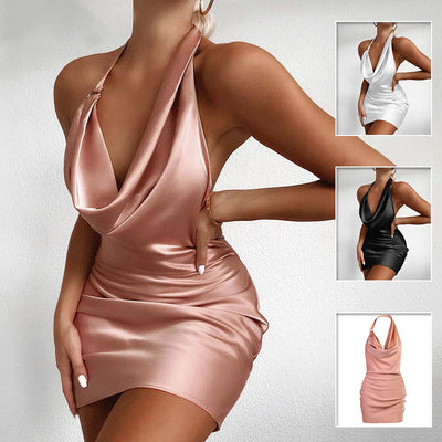 Satin V-Neck Backless Mini Summer Party Dress