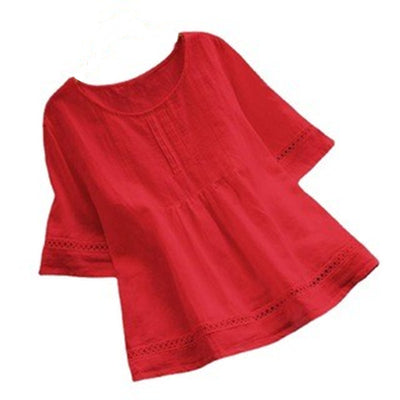 Summer Solid Color Cotton And Linen Top Half Sleeve