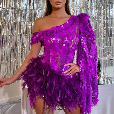 Luxury Purple Sequined Feather One-Shoulder Short Dress – Perfect for Parties and Stage Performances