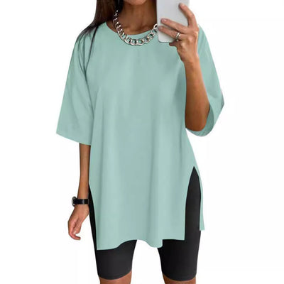 Women's Solid Color Split Short-sleeved T-shirt Round Neck Loose Top