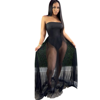 Sexy Mesh See-through Dress with Wrapped Chest - OL Commuting Style