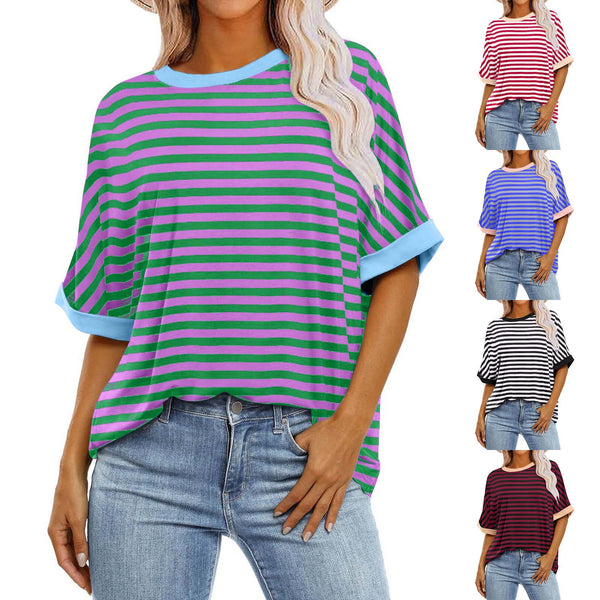 Women's Striped Printed Loose Color Matching Short Sleeve