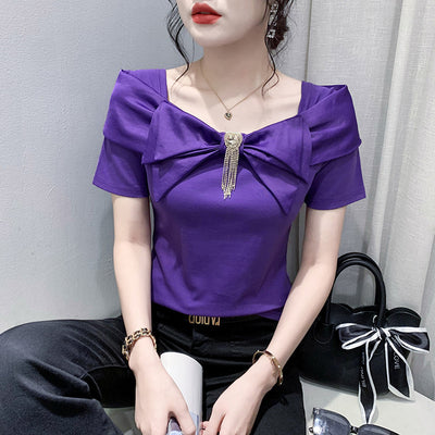 Women's Design Sense Three-dimensional Bow Waist Slimming Temperament Wild Short Sleeve