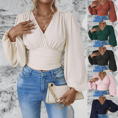 V-neck Sleeve Solid Color Pleated Women's Long-sleeved Top