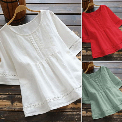 Summer Solid Color Cotton And Linen Top Half Sleeve