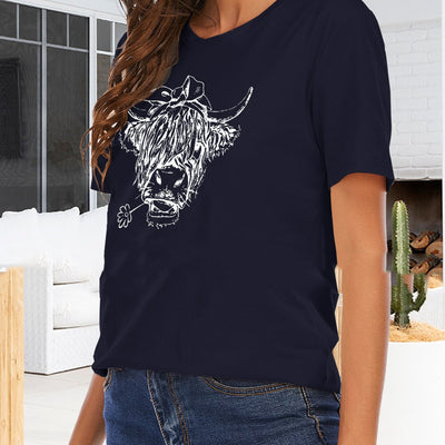 Women's Cow Head Printed Round Neck Solid Color Short Sleeve