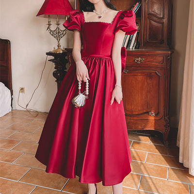 Winter Wine Red French Princess Satin Dress - Engagement and Daily Wear