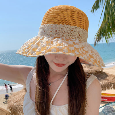 Lace Bow Straw Fisherman Hat Summer Outdoor Sunhat With Large Brim Anti-UV Sunshade And Face Protection Hat