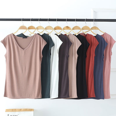 Solid Color And V-neck Sleeveless Loose Women's T-shirt Casual Bottoming Shirt Inner Wear Blouse