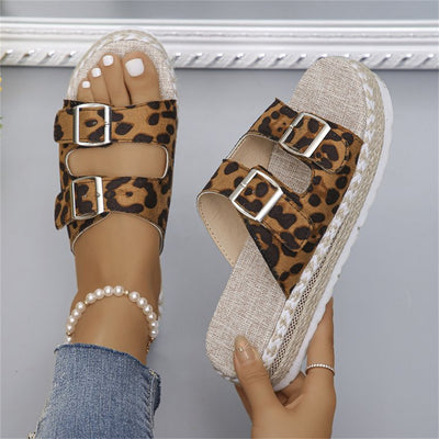 Summer Double Buckle Leopard Print Flat Sandals Hemp Thick-soled Sandals Seaside Vacation Beach Shoes For Women